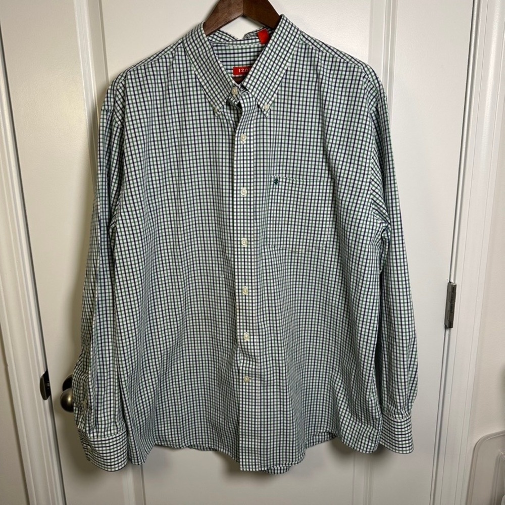 IZOD Mens XL Tattersall Check Button Down Shirt Green Navy Blue 100% Cotton L/S - Picture 2 of 4